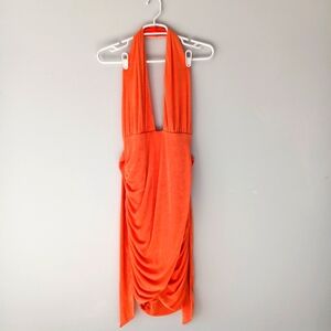 Princess Polly Bodycon Halter Dress Lowcut Back Ruching Shimmer Orange Size 10